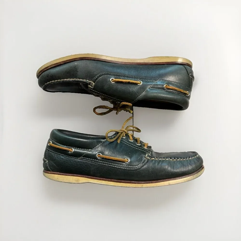 LL Bean Signature Men’s Green Leather Lace-Up Boat Shoes Round Toe Men’s 10.5